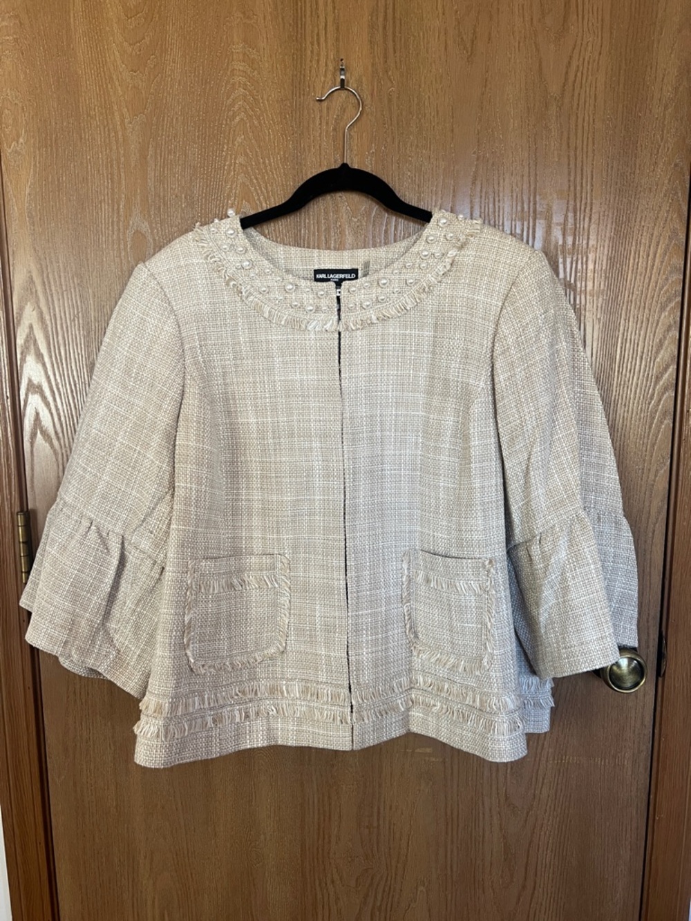 Karl Lagerfeld Light Cream Tweed Pearl-Trim Jacket